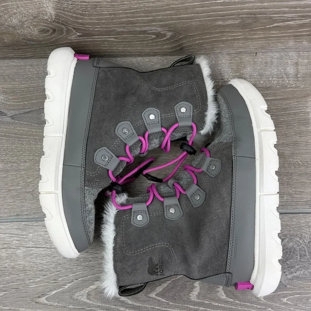 Sorel Youth Explorer Lace Quarry Gray Lavender Waterproof Big Girl Sz 4 Boots